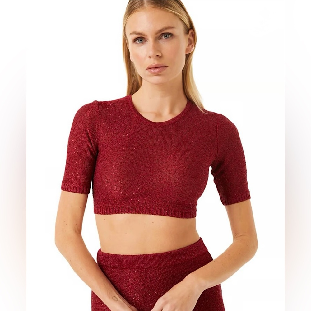 NWT MISA LA Darya Sparkle Sequin Crop Top Lipstick Red Sz M Summer Club Fest Y2K